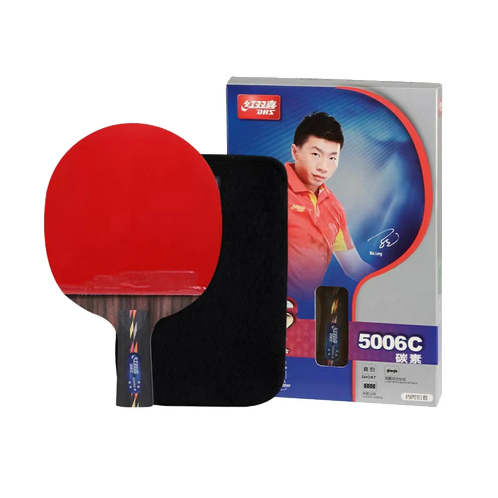 DHS R5006C 5-Star Carbon Penhold Table Tennis Paddle Set - Includes 6 Balls & Case, Powerful Spin & Fast Attack - Red