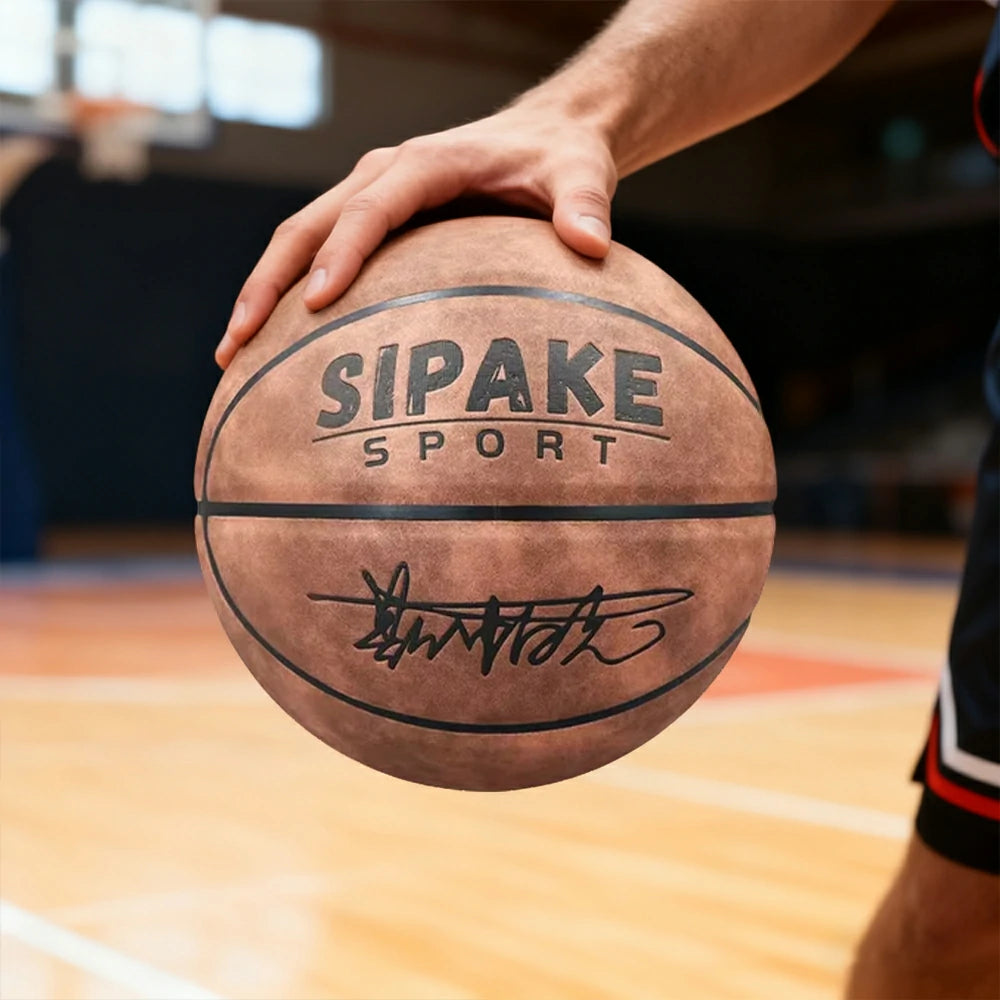 DUNK MASTER Basketball 7# – Soft Rebound, Durable Suede Leather – Wide Channel Grip, Moisture-Wicking, High-Quality Bladder - Brown