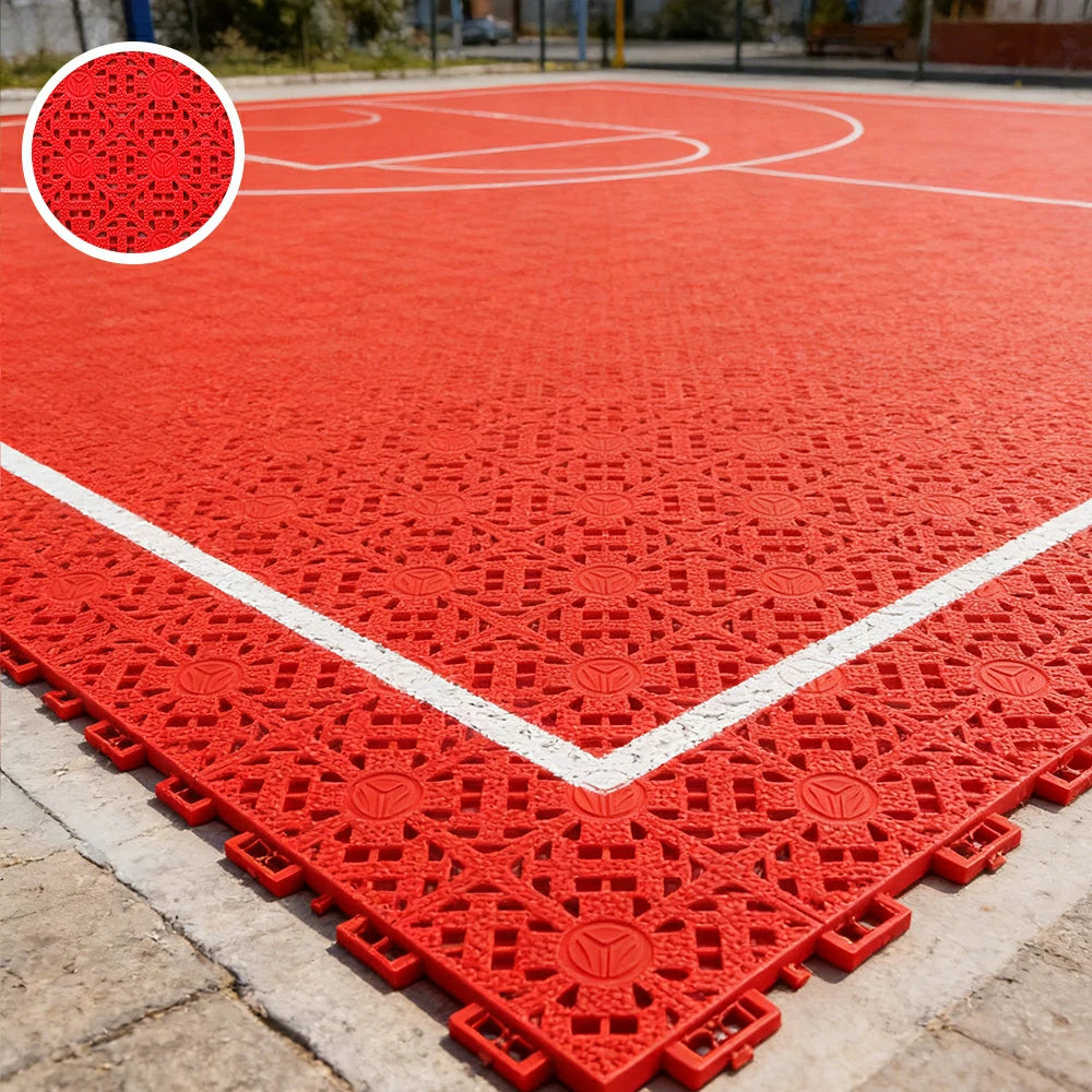 DUNK MASTER Interlocking Sports Floor Tiles - Anti-Slip Shock Absorbing Modular Court Flooring for Basketball Courts 10/20/30 Square Meters - Red