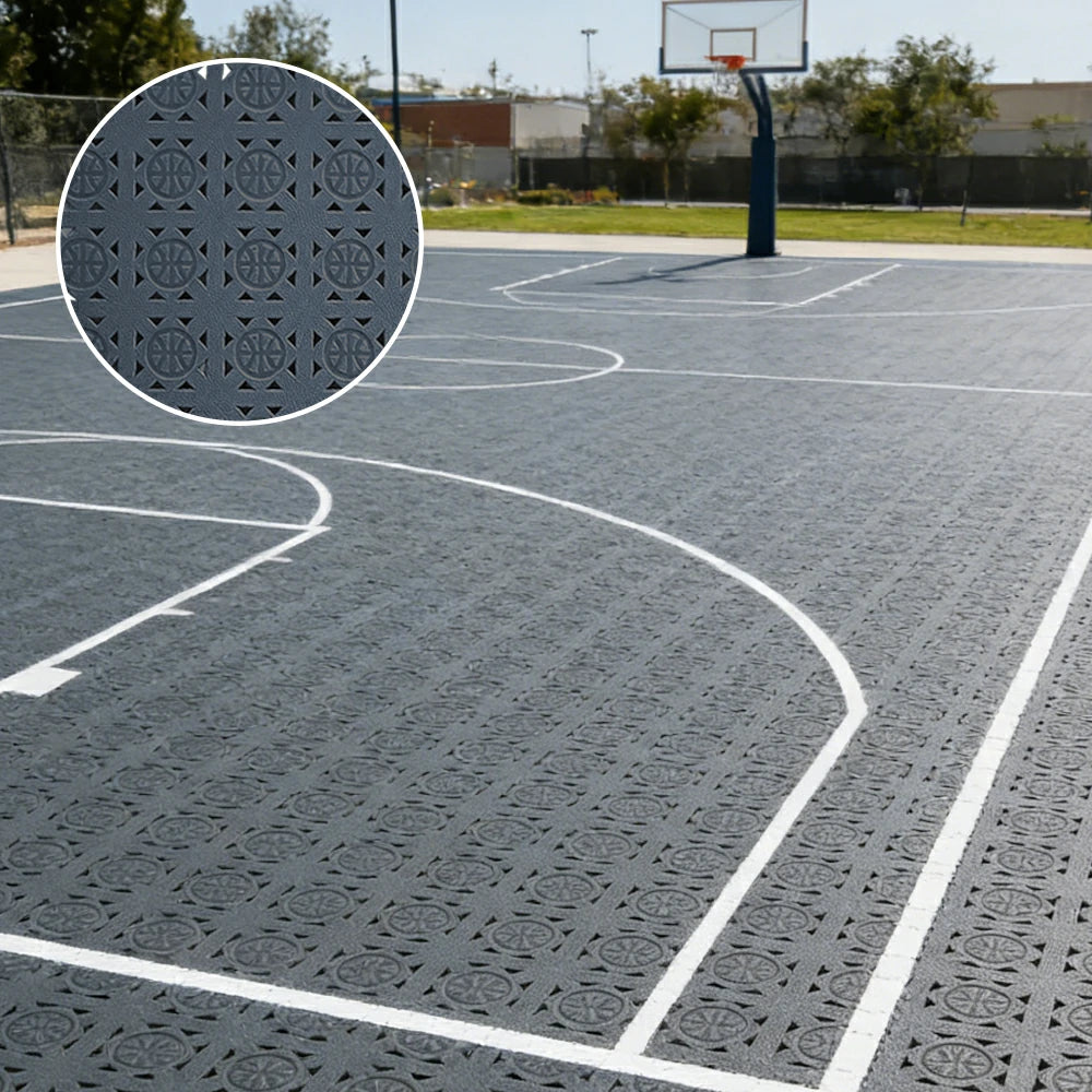 DUNK MASTER Interlocking Sports Floor Tiles - Anti-Slip Shock Absorbing Modular Court Flooring 10/20/30  Square Meters Basketball Court Outdoor Use - Light Grey