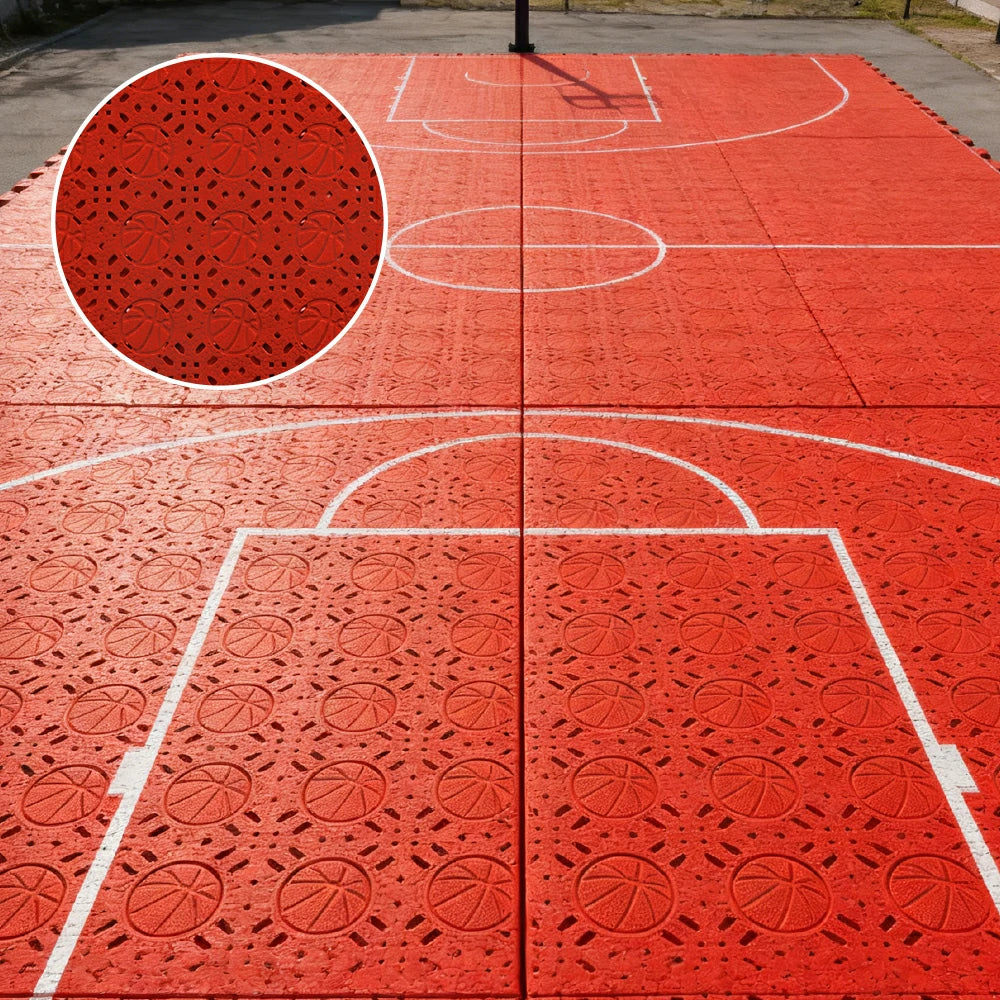 DUNK MASTER Interlocking Sports Floor Tiles - Anti-Slip Shock Absorbing Modular Court Flooring 10/20/30  Square Meters Basketball Court Outdoor Use - Red