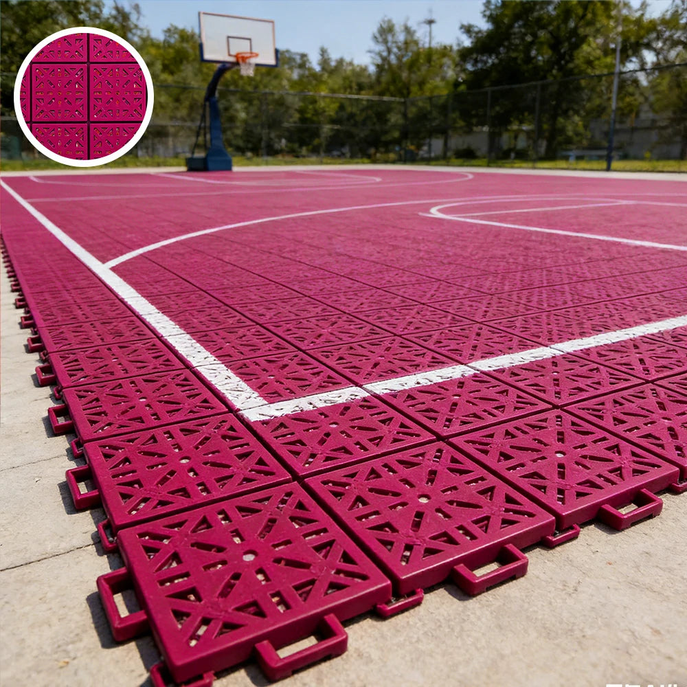 DUNK MASTER Interlocking Sports Floor Tiles - Anti-Slip Shock Absorbing Modular Court Flooring 10/20/30 Square Meters Basketball Court Outdoor Use - Rose Red