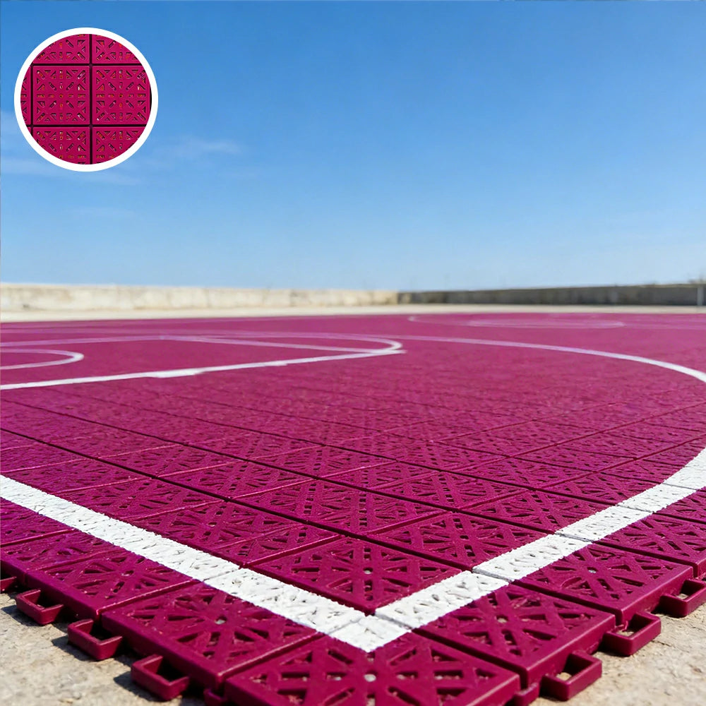 DUNK MASTER Interlocking Sports Floor Tiles - Anti-Slip Shock Absorbing Modular Court Flooring 10/20/30 Square Meters Basketball Court Outdoor Use - Rose Red