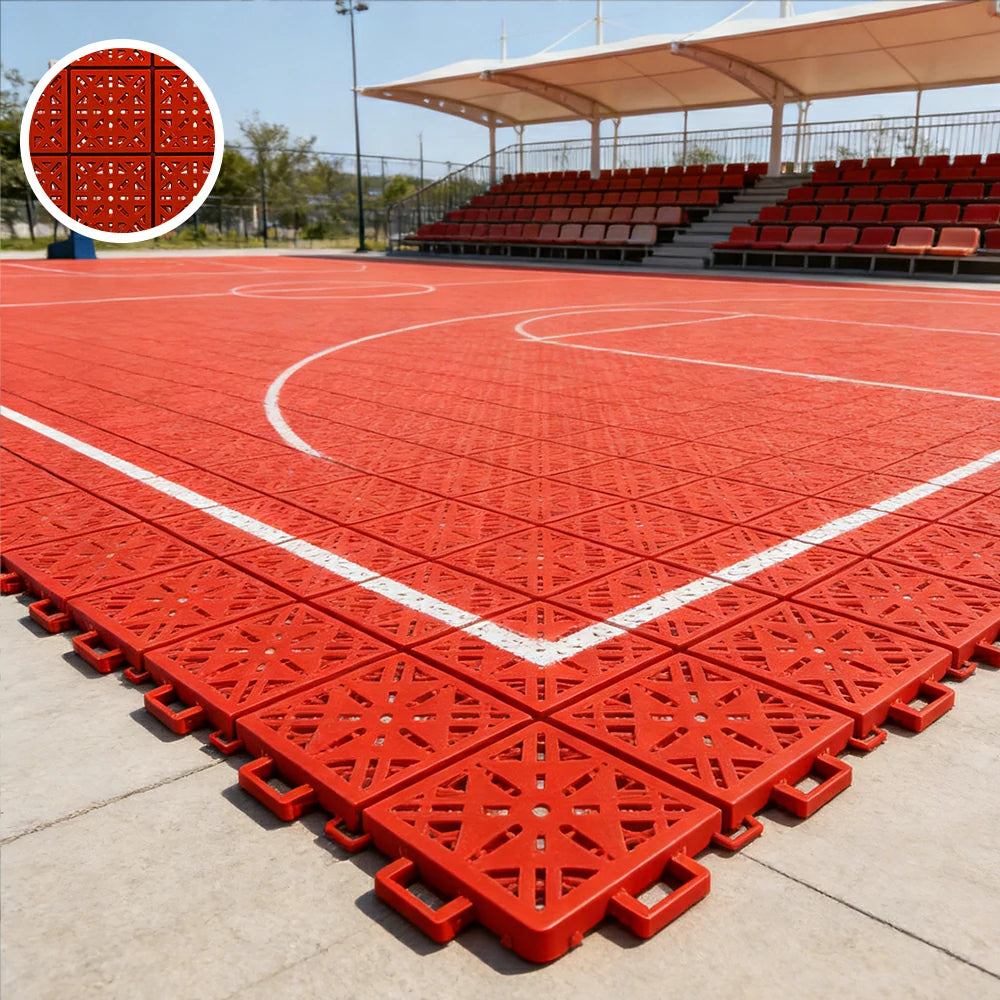 DUNK MASTER Interlocking Sports Floor Tiles - Anti-Slip Shock Absorbing Modular Court Flooring 10/20/30 Square Meters Basketball Court Outdoor Use - Red