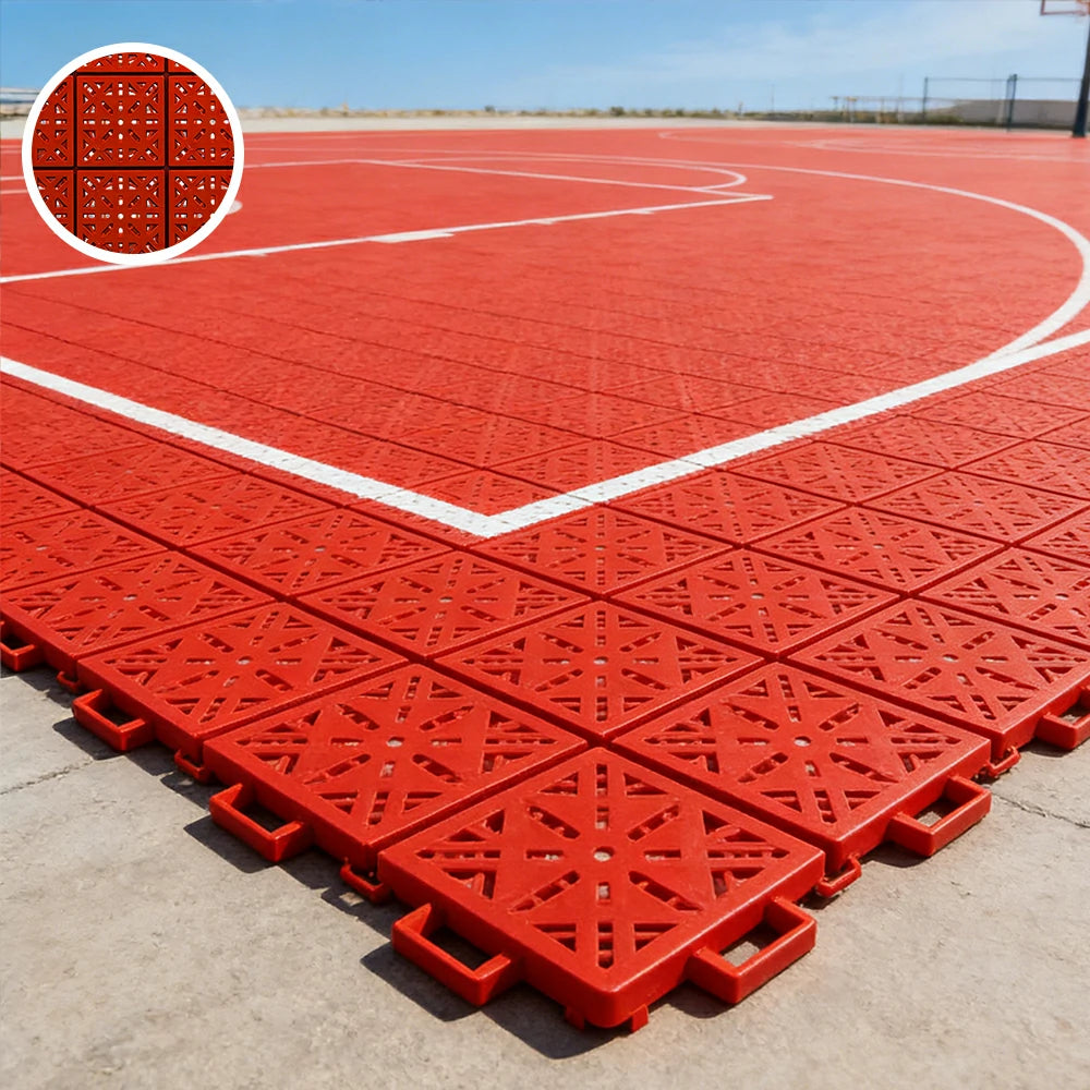DUNK MASTER Interlocking Sports Floor Tiles - Anti-Slip Shock Absorbing Modular Court Flooring 10/20/30 Square Meters Basketball Court Outdoor Use - Red