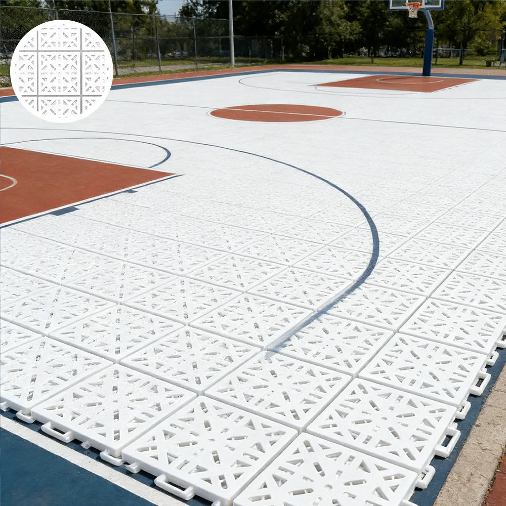 DUNK MASTER Interlocking Sports Floor Tiles - Anti-Slip Shock Absorbing Modular Court Flooring 10/20/30 Square Meters Basketball Court Outdoor Use - White