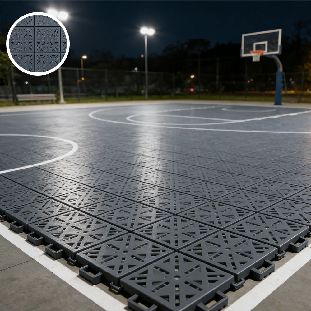 DUNK MASTER Interlocking Sports Floor Tiles - Anti-Slip Shock Absorbing Modular Court Flooring 10/20/30 Square Meters Basketball Court Outdoor Use - Light Grey