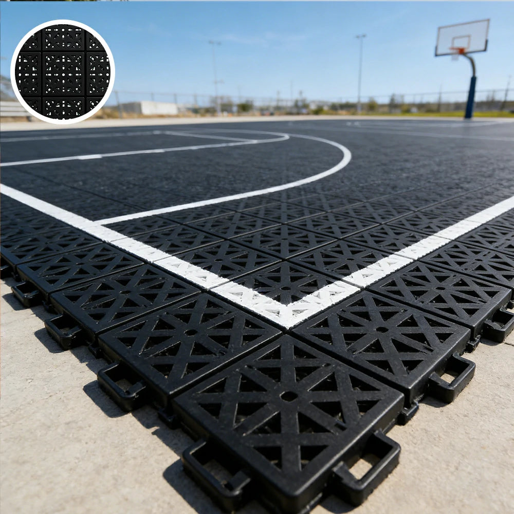DUNK MASTER Interlocking Sports Floor Tiles - Anti-Slip Shock Absorbing Modular Court Flooring 10/20/30 Square Meters Basketball Court Outdoor Use - Black