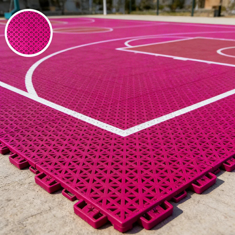 DUNK MASTER Outdoor Interlocking Sports Floor Tiles Anti-Slip Shock Absorbing Basketball Court Flooring 10/20/30 Square Meters - Rose Red