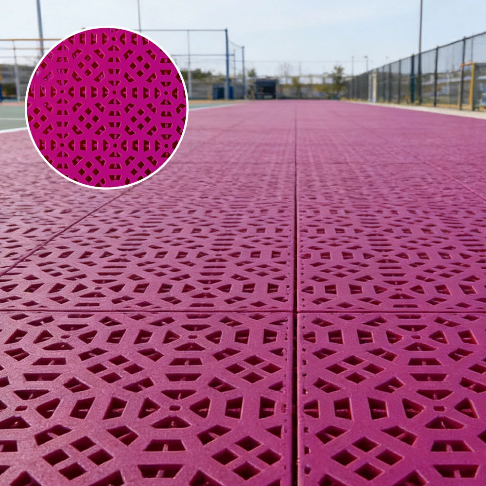 DUNK MASTER Interlocking Sports Floor Tiles - Anti-Slip Grid Pattern Court Flooring 25cm Modular Tiles for Basketball Courts 10/20/30 Square Meters - Rose Red