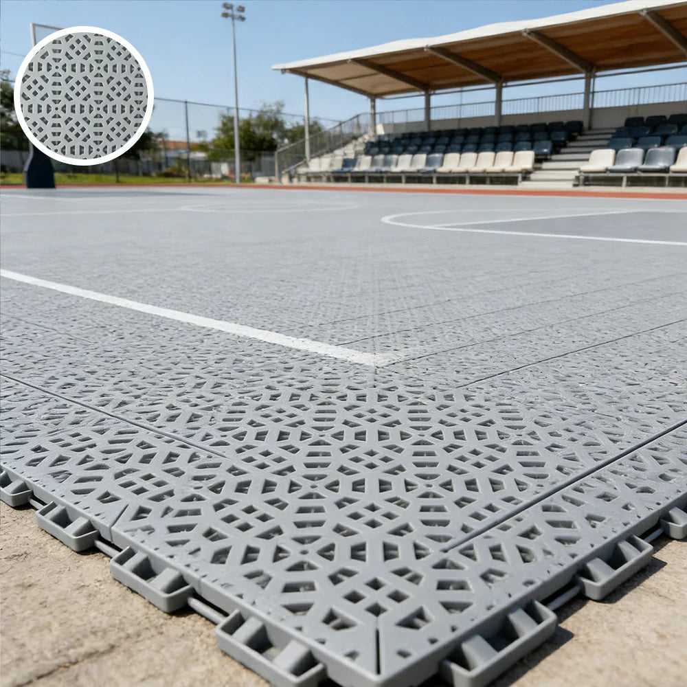 DUNK MASTER Interlocking Sports Floor Tiles - Anti-Slip Grid Pattern Court Flooring 25cm Modular Tiles for Basketball Courts 10/20/30 Square Meters - Light Grey