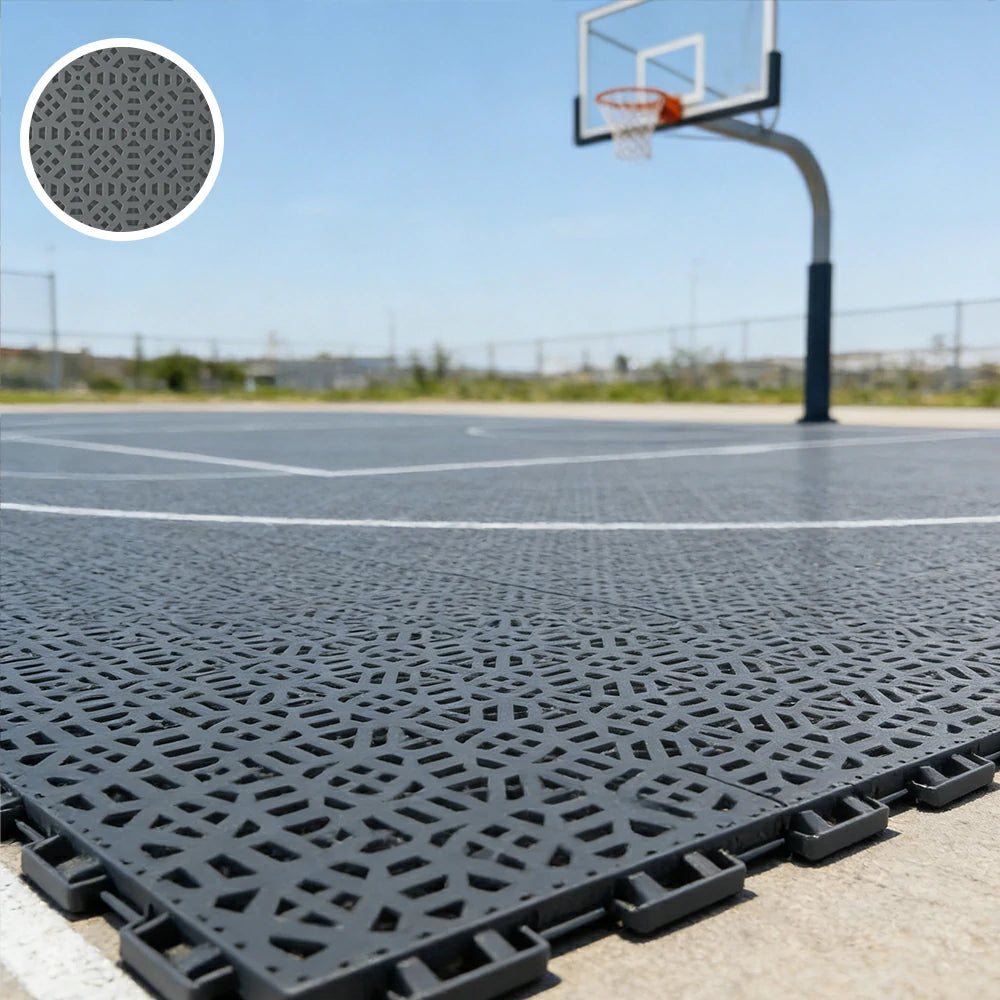 DUNK MASTER Interlocking Sports Floor Tiles - Anti-Slip Grid Pattern Court Flooring 25cm Modular Tiles for Basketball Courts 10/20/30 Square Meters - Dark Grey