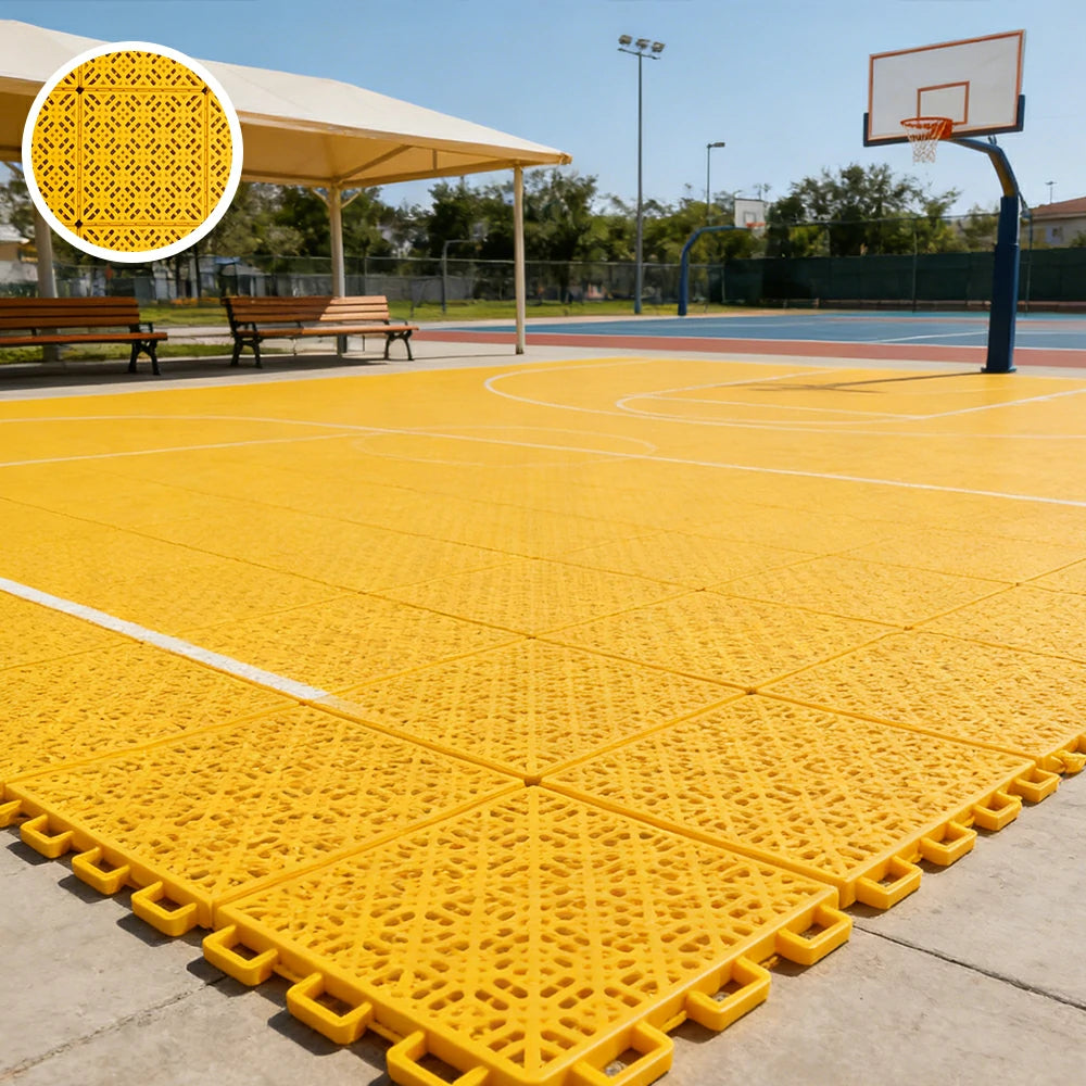 DUNK MASTER Interlocking Sports Floor Tiles - Soft Connection Anti-Slip Court Flooring 34cm Modular Tiles for Basketball Courts 10/20/30 Square Meters - Yellow