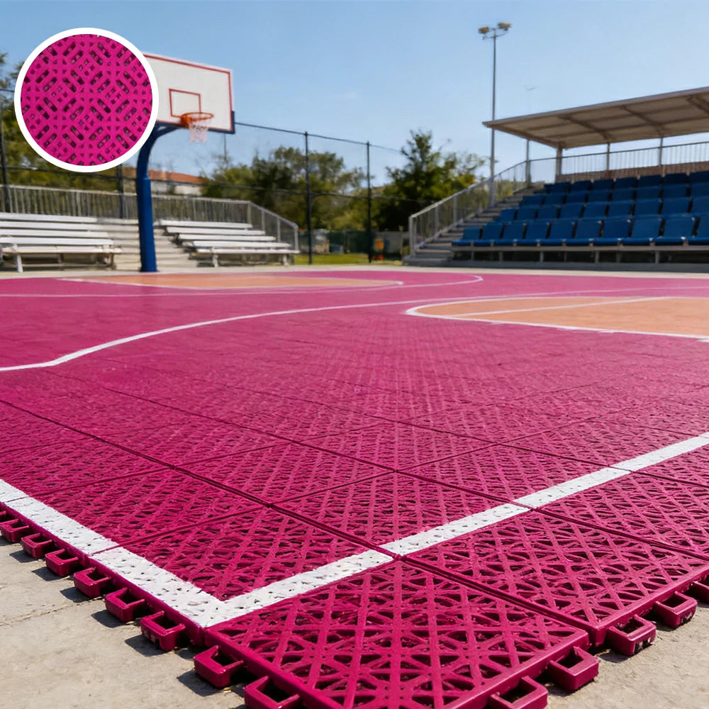 DUNK MASTER Interlocking Sports Floor Tiles - Soft Connection Anti-Slip Court Flooring 34cm Modular Tiles for Basketball Courts 10/20/30 Square Meters - Rose Red
