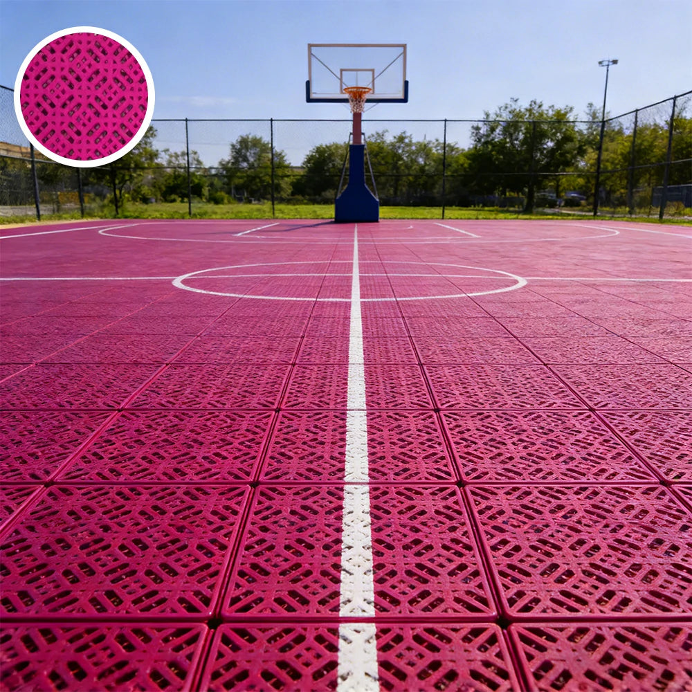 DUNK MASTER Interlocking Sports Floor Tiles - Soft Connection Anti-Slip Court Flooring 34cm Modular Tiles for Basketball Courts 10/20/30 Square Meters - Rose Red