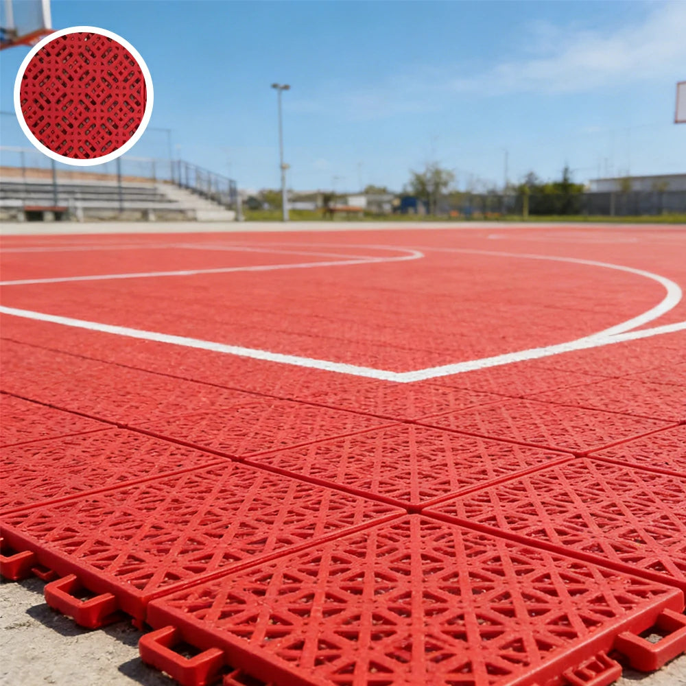 DUNK MASTER Interlocking Sports Floor Tiles - Soft Connection Anti-Slip Court Flooring 34cm Modular Tiles for Basketball Courts 10/20/30 Square Meters - Red