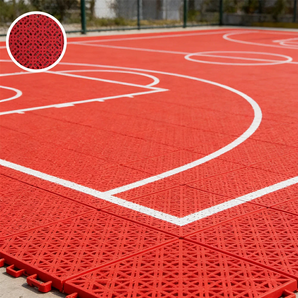DUNK MASTER Interlocking Sports Floor Tiles - Soft Connection Anti-Slip Court Flooring 34cm Modular Tiles for Basketball Courts 10/20/30 Square Meters - Red