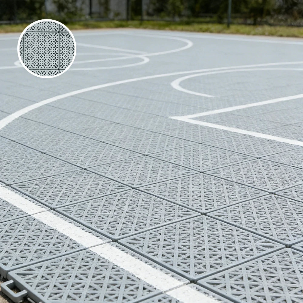 DUNK MASTER Interlocking Sports Floor Tiles - Soft Connection Anti-Slip Court Flooring 34cm Modular Tiles for Basketball Courts 10/20/30 Square Meters - Light Grey