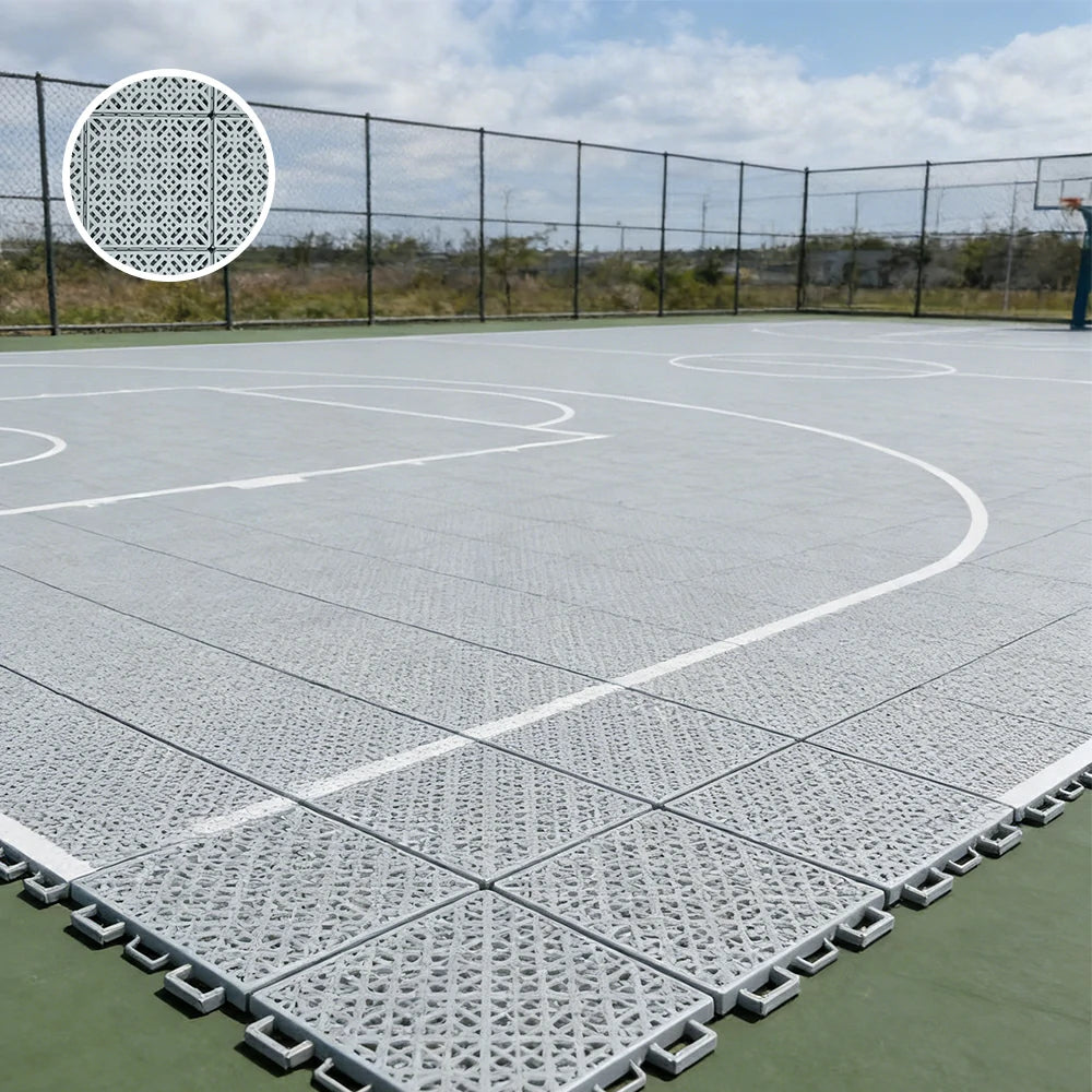 DUNK MASTER Interlocking Sports Floor Tiles - Soft Connection Anti-Slip Court Flooring 34cm Modular Tiles for Basketball Courts 10/20/30 Square Meters - Light Grey