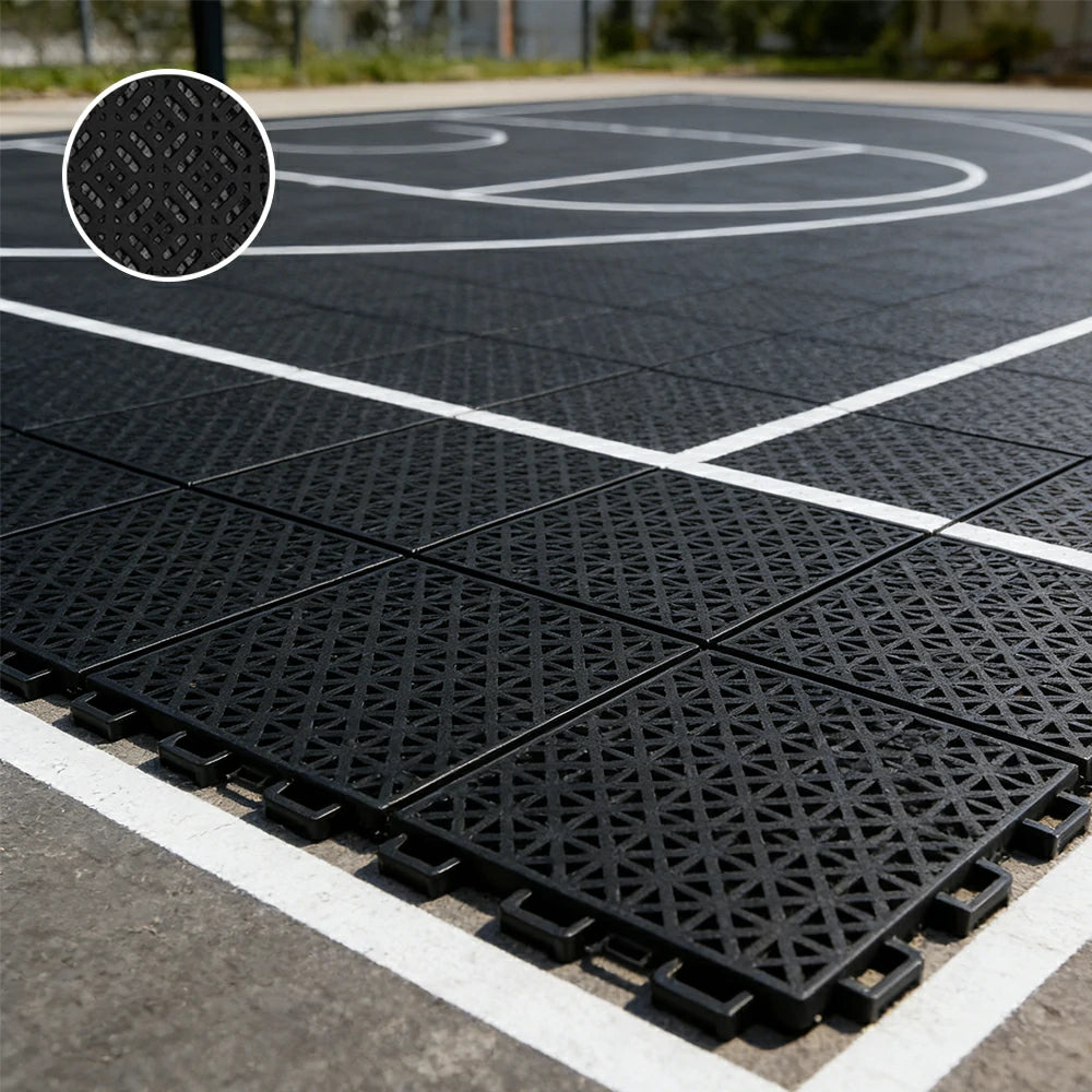 DUNK MASTER Interlocking Sports Floor Tiles - Soft Connection Anti-Slip Court Flooring 34cm Modular Tiles for Basketball Courts 10/20/30 Square Meters - Black