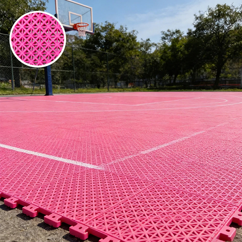 DUNK MASTER Interlocking Sports Floor Tiles - Bamboo Pattern Anti-Slip Court Flooring Modular Tiles for Basketball Courts 10/20/30 Square Meters - Pink
