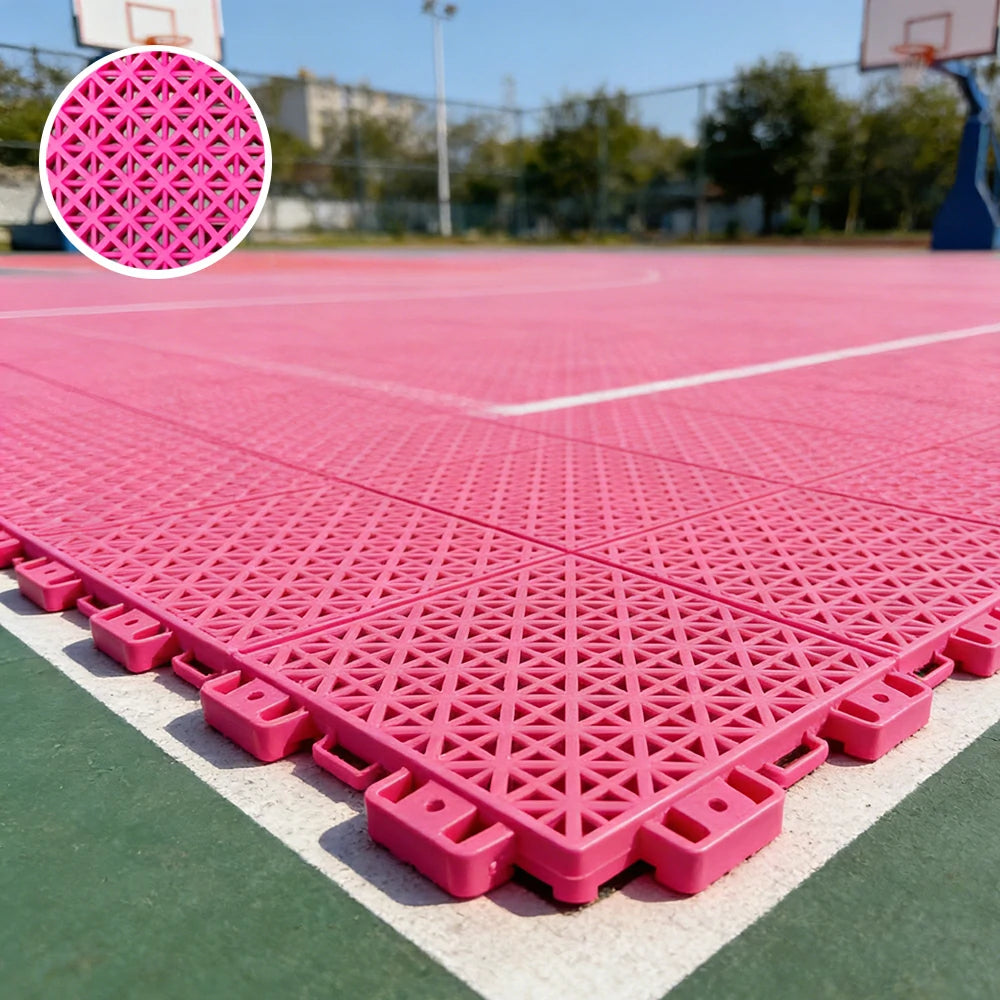 DUNK MASTER Interlocking Sports Floor Tiles - Bamboo Pattern Anti-Slip Court Flooring Modular Tiles for Basketball Courts 10/20/30 Square Meters - Pink