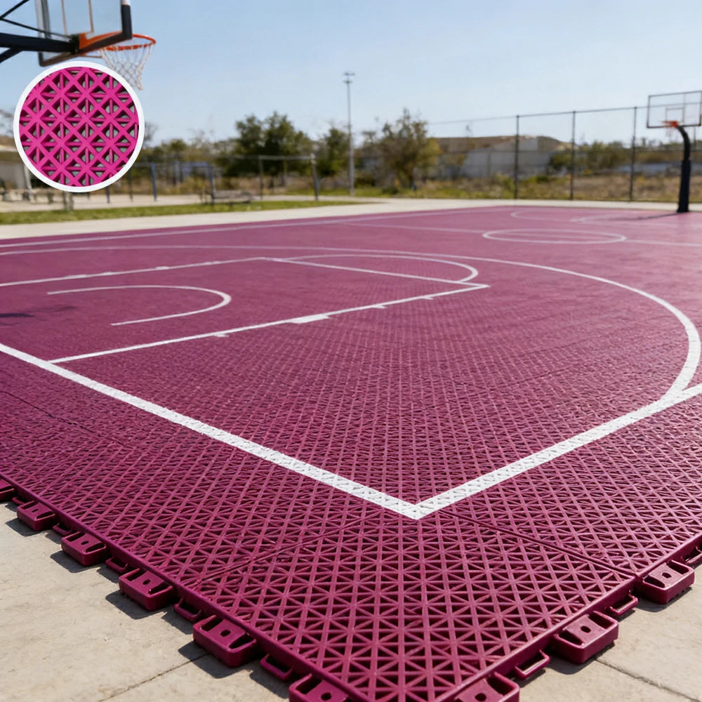 DUNK MASTER Interlocking Sports Floor Tiles - Bamboo Pattern Anti-Slip Court Flooring Modular Tiles for Basketball Courts 10/20/30 Square Meters - Rose Red