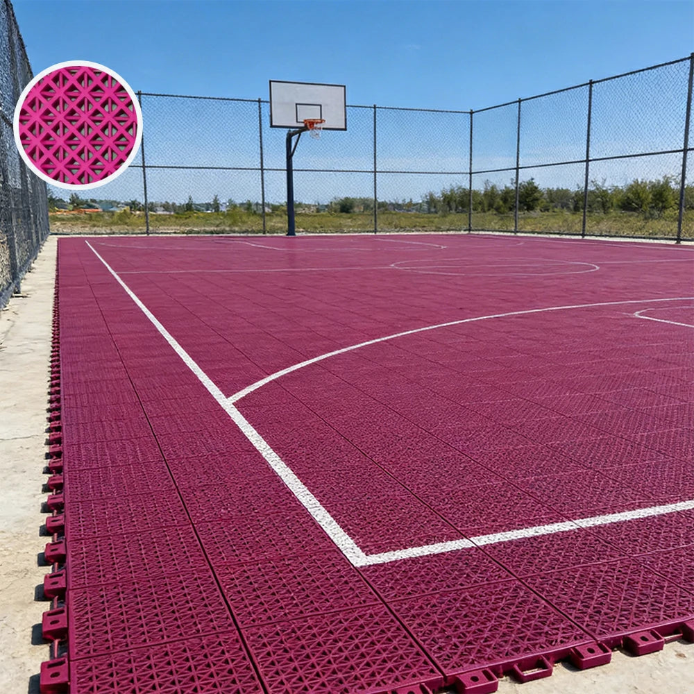 DUNK MASTER Interlocking Sports Floor Tiles - Bamboo Pattern Anti-Slip Court Flooring Modular Tiles for Basketball Courts 10/20/30 Square Meters - Rose Red