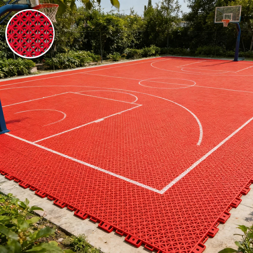 DUNK MASTER Interlocking Sports Floor Tiles - Bamboo Pattern Anti-Slip Court Flooring Modular Tiles for Basketball Courts 10/20/30 Square Meters - Red