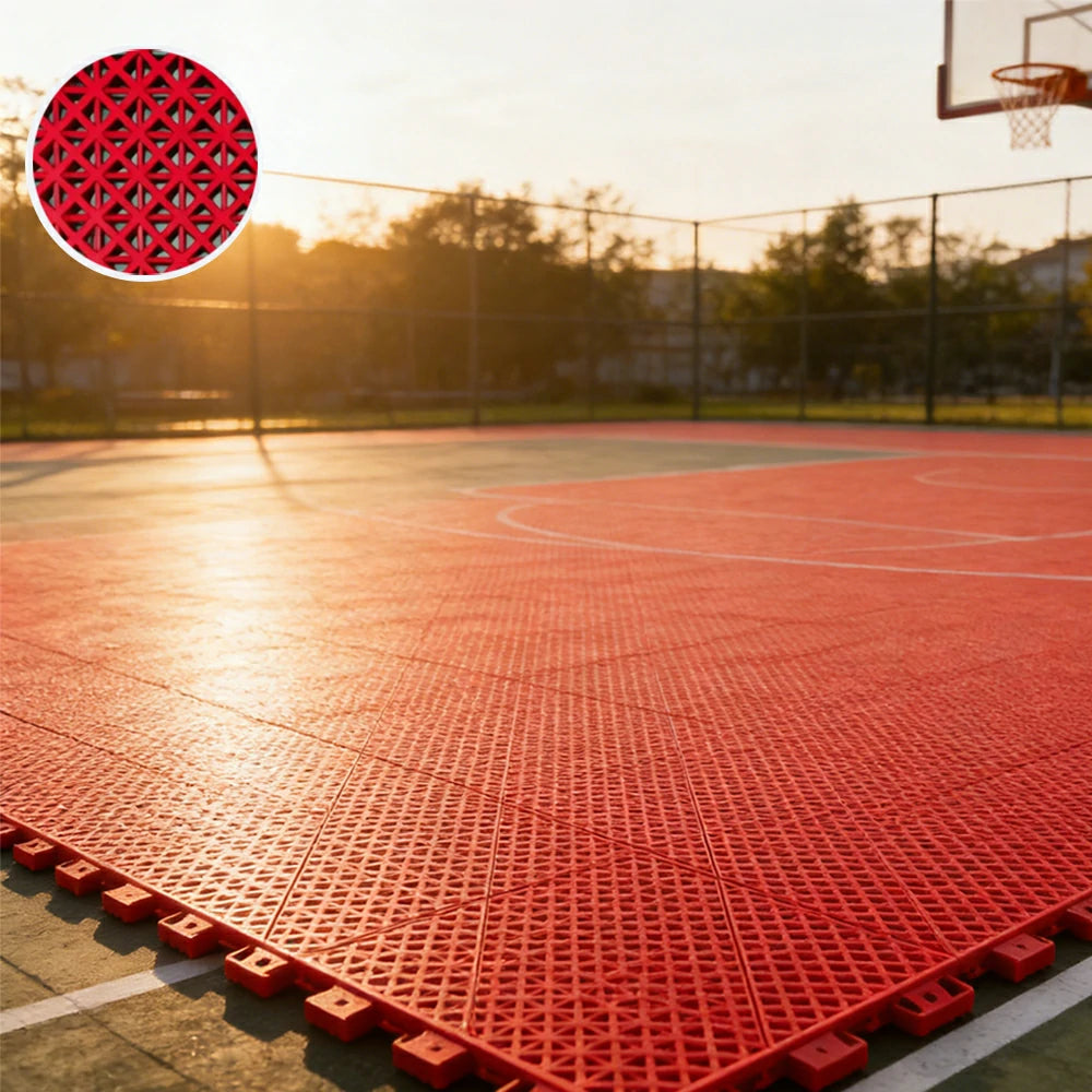 DUNK MASTER Interlocking Sports Floor Tiles - Bamboo Pattern Anti-Slip Court Flooring Modular Tiles for Basketball Courts 10/20/30 Square Meters - Red