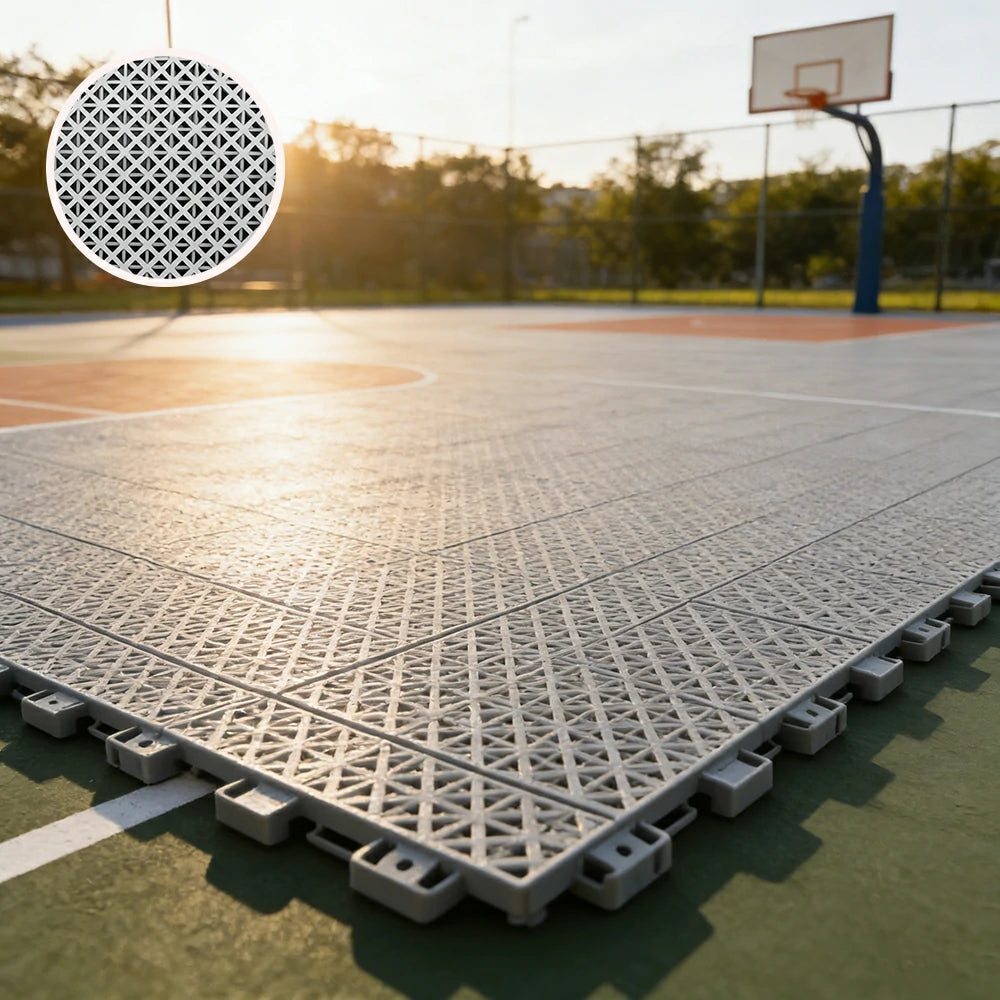 DUNK MASTER Interlocking Sports Floor Tiles - Bamboo Pattern Anti-Slip Court Flooring Modular Tiles for Basketball Courts 10/20/30 Square Meters - Light Grey