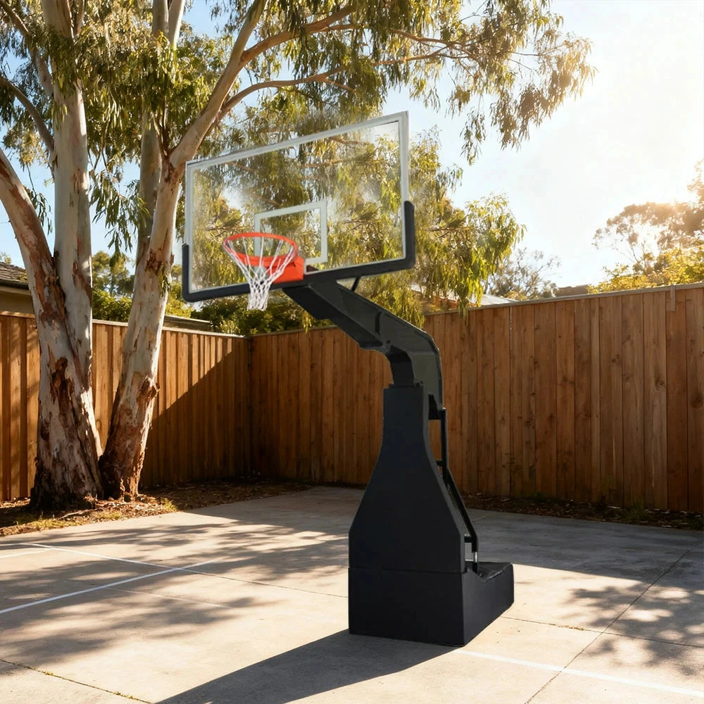 DUNK MASTER Basketball Hoops - Electric Hydraulic Lift, 10mm Tempered Glass Backboard, 3.05m Rim Height, Foldable Design & Easy Mobility