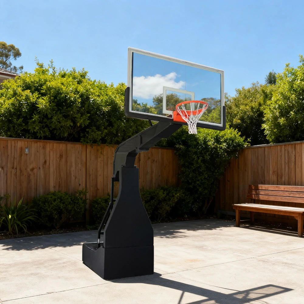 DUNK MASTER Basketball Hoops - Electric Hydraulic Lift, 10mm Tempered Glass Backboard, 3.05m Rim Height, Foldable Design & Easy Mobility
