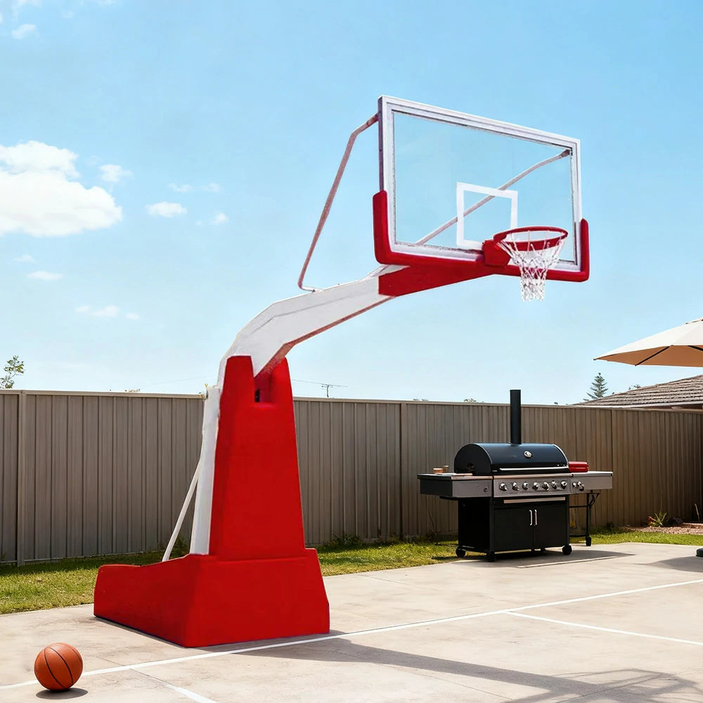 DUNK MASTER Basketball Hoops - Manual Hydraulic Lift, 10mm Tempered Glass Backboard, 3.05m Rim Height, Durable Heavy-Duty Base for Stability - Red