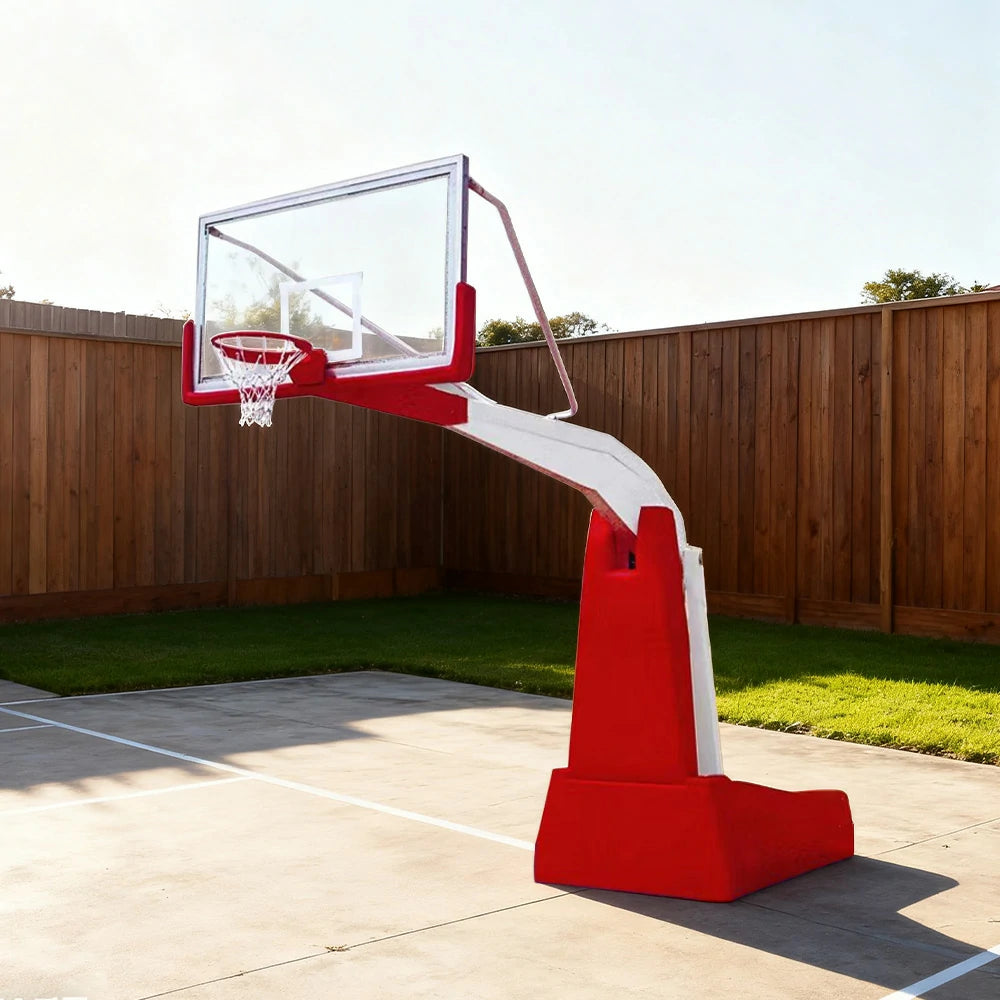 DUNK MASTER Basketball Hoops - Manual Hydraulic Lift, 10mm Tempered Glass Backboard, 3.05m Rim Height, Durable Heavy-Duty Base for Stability - Red