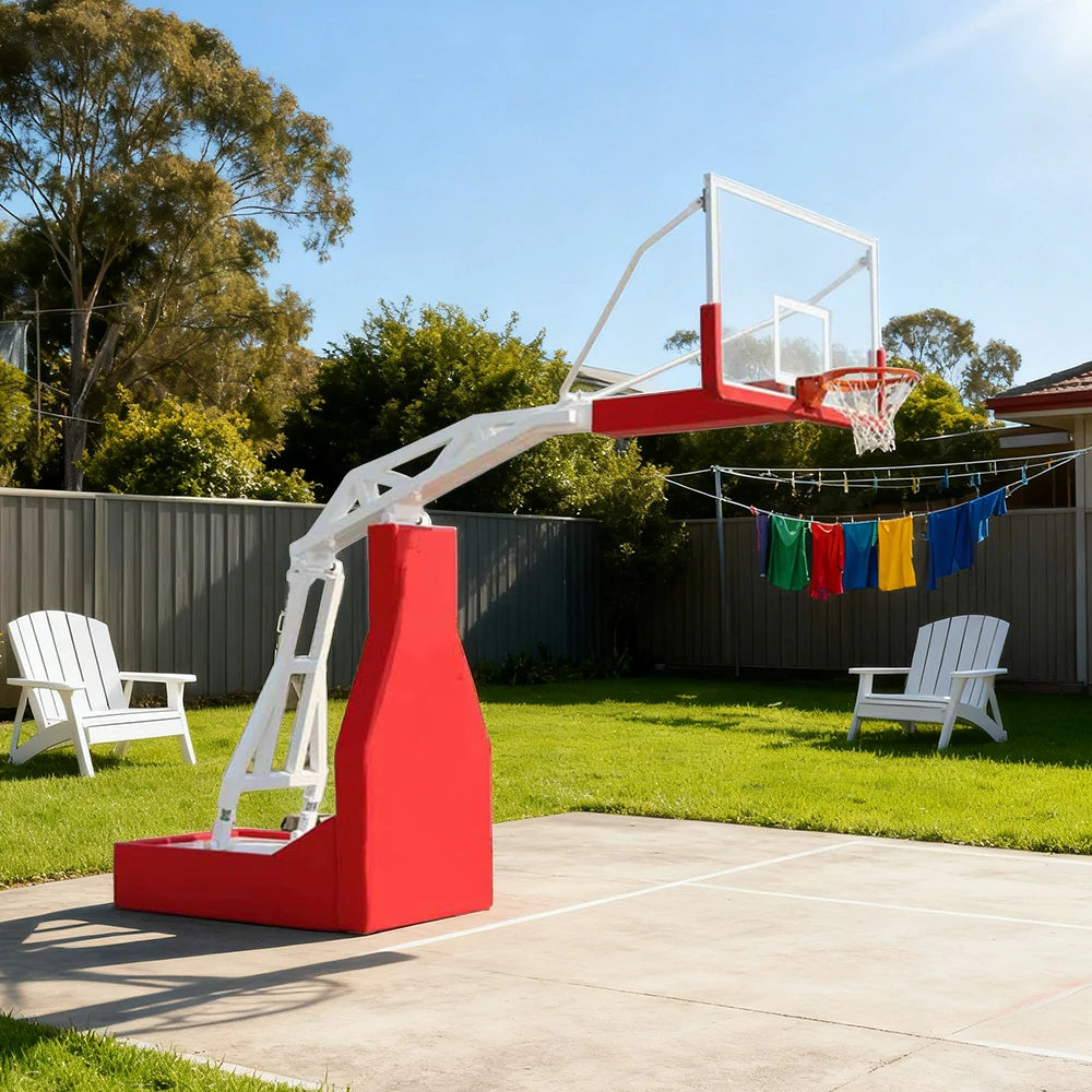 DUNK MASTER Basketball Hoops - Manual Hydraulic Lift, 10mm Tempered Glass Backboard, 3.05m Rim Height, Triple-Spring Rim & Safety Padding - Red