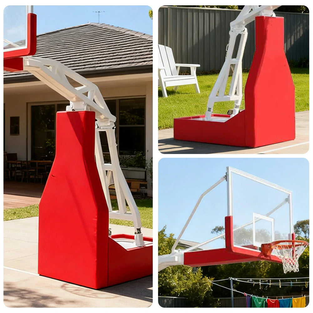 DUNK MASTER Basketball Hoops - Manual Hydraulic Lift, 10mm Tempered Glass Backboard, 3.05m Rim Height, Triple-Spring Rim & Safety Padding - Red