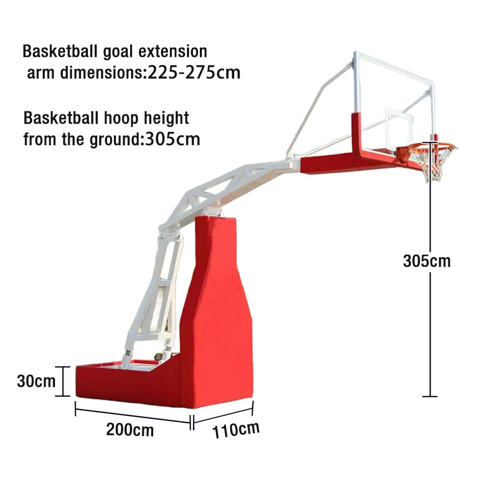 DUNK MASTER Basketball Hoops - Manual Hydraulic Lift, 10mm Tempered Glass Backboard, 3.05m Rim Height, Triple-Spring Rim & Safety Padding - Red
