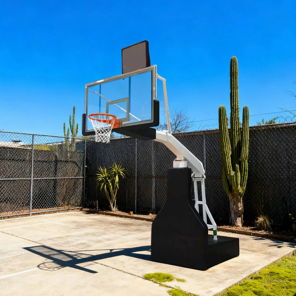 DUNK MASTER Basketball Hoops - Manual Hydraulic Lift, 10mm Tempered Glass Backboard, 3.05m Rim Height, Triple-Spring Rim & Safety Padding - Black