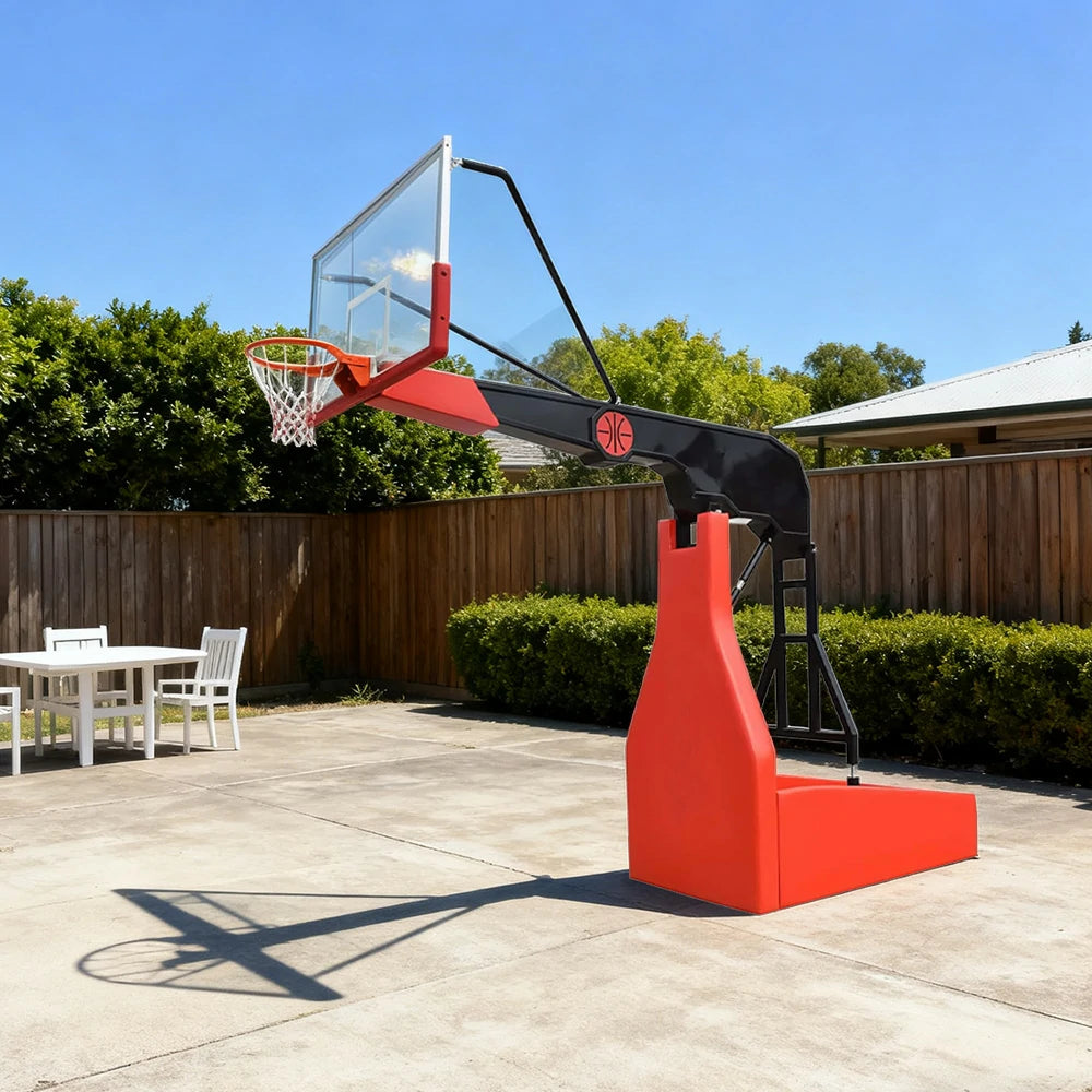 DUNK MASTER Basketball Hoops - Gun-Style Hydraulic Design, 10mm Tempered Glass Backboard, 3.05m Rim Height, Triple-Spring Rim & Safety Padding - Red and Black