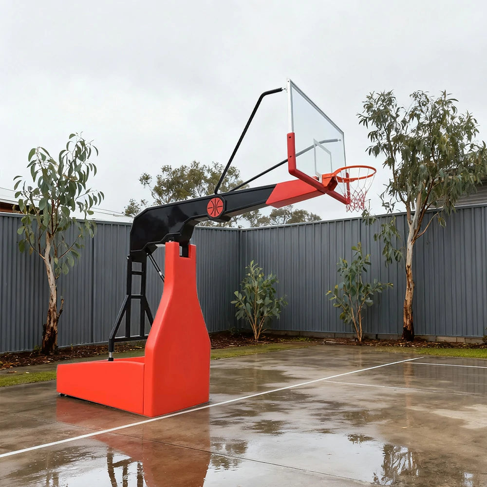 DUNK MASTER Basketball Hoops - Gun-Style Hydraulic Design, 10mm Tempered Glass Backboard, 3.05m Rim Height, Triple-Spring Rim & Safety Padding - Red and Black