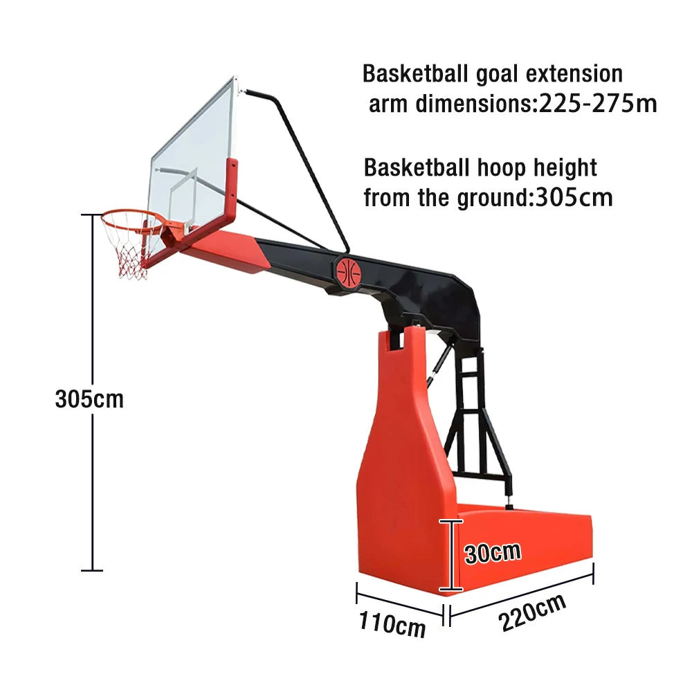 DUNK MASTER Basketball Hoops - Gun-Style Hydraulic Design, 10mm Tempered Glass Backboard, 3.05m Rim Height, Triple-Spring Rim & Safety Padding - Red and Black