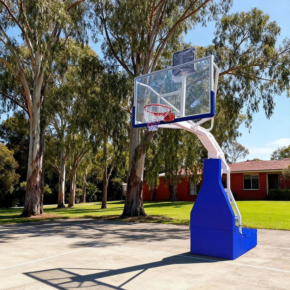 DUNK MASTER Basketball Hoops - Hydraulic Design, 10mm Tempered Glass Backboard, 3.05m Rim Height, Triple-Spring Rim & Safety Padding - White and Blue