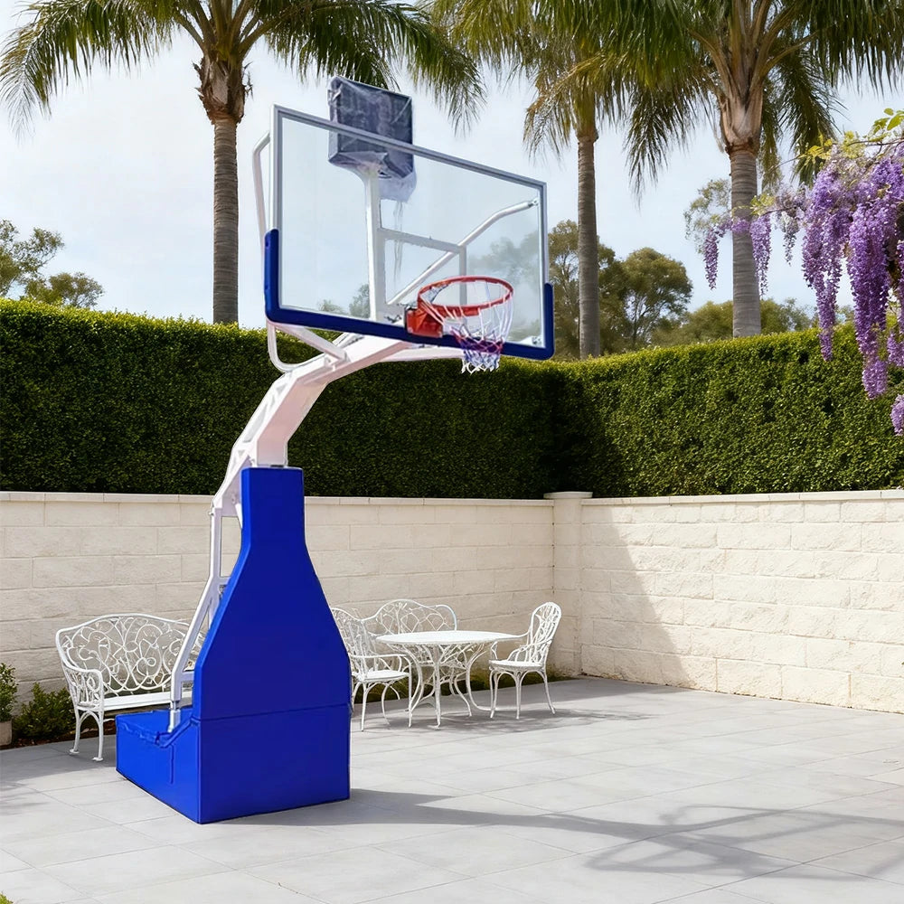 DUNK MASTER Basketball Hoops - Hydraulic Design, 10mm Tempered Glass Backboard, 3.05m Rim Height, Triple-Spring Rim & Safety Padding - White and Blue