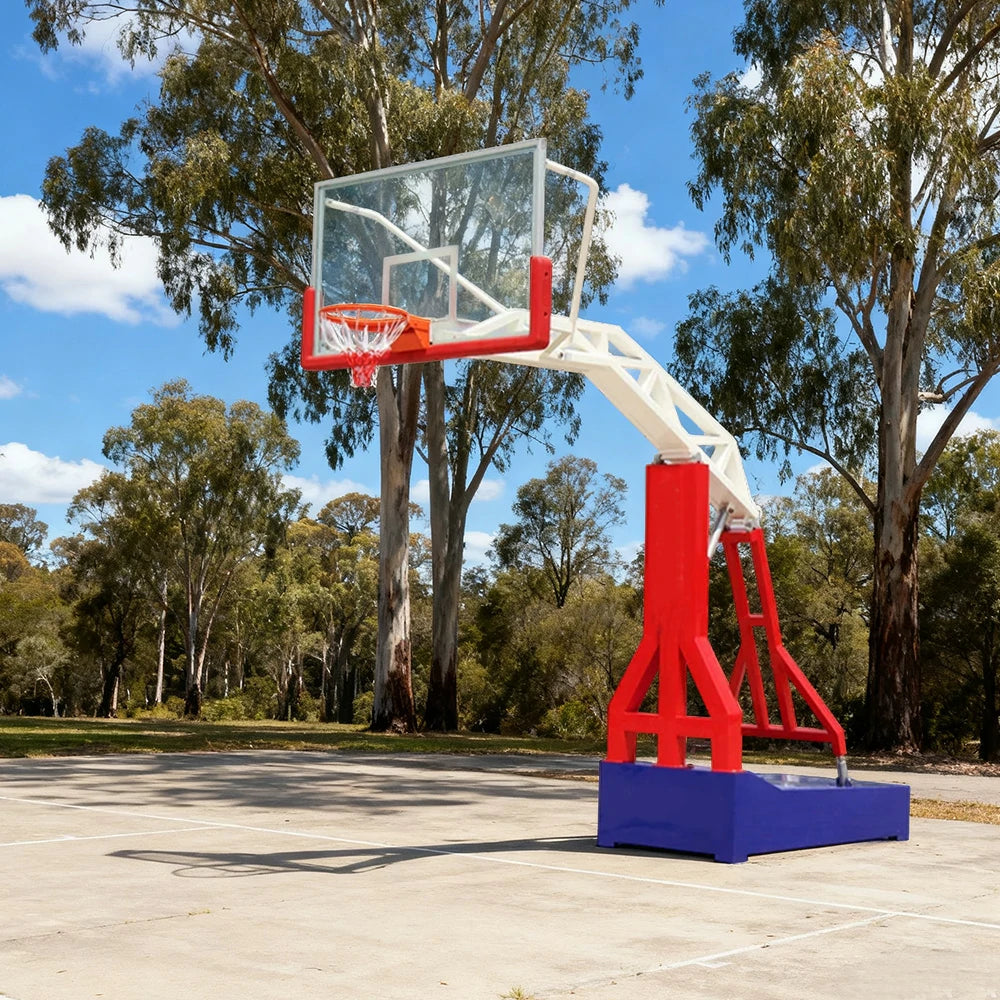 DUNK MASTER Outdoor Basketball Hoops Dual-Spring Rim, Thickened Tempered Glass Backboard, 3.05m Rim Height, Heavy-Duty Steel Frame - Red and Blue