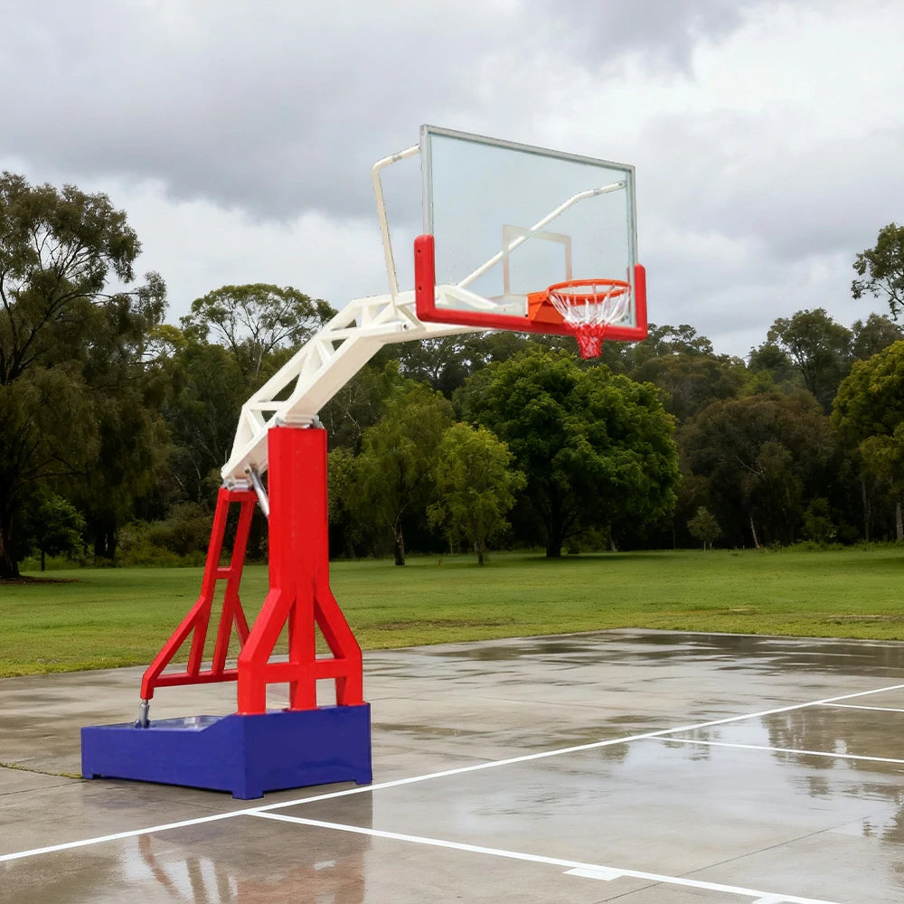 DUNK MASTER Outdoor Basketball Hoops Dual-Spring Rim, Thickened Tempered Glass Backboard, 3.05m Rim Height, Heavy-Duty Steel Frame - Red and Blue