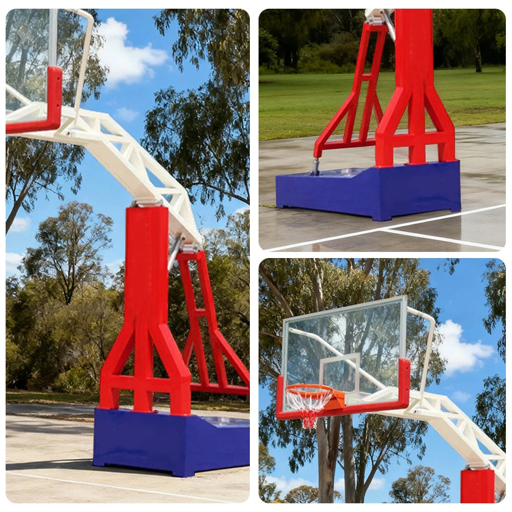 DUNK MASTER Outdoor Basketball Hoops Dual-Spring Rim, Thickened Tempered Glass Backboard, 3.05m Rim Height, Heavy-Duty Steel Frame - Red and Blue