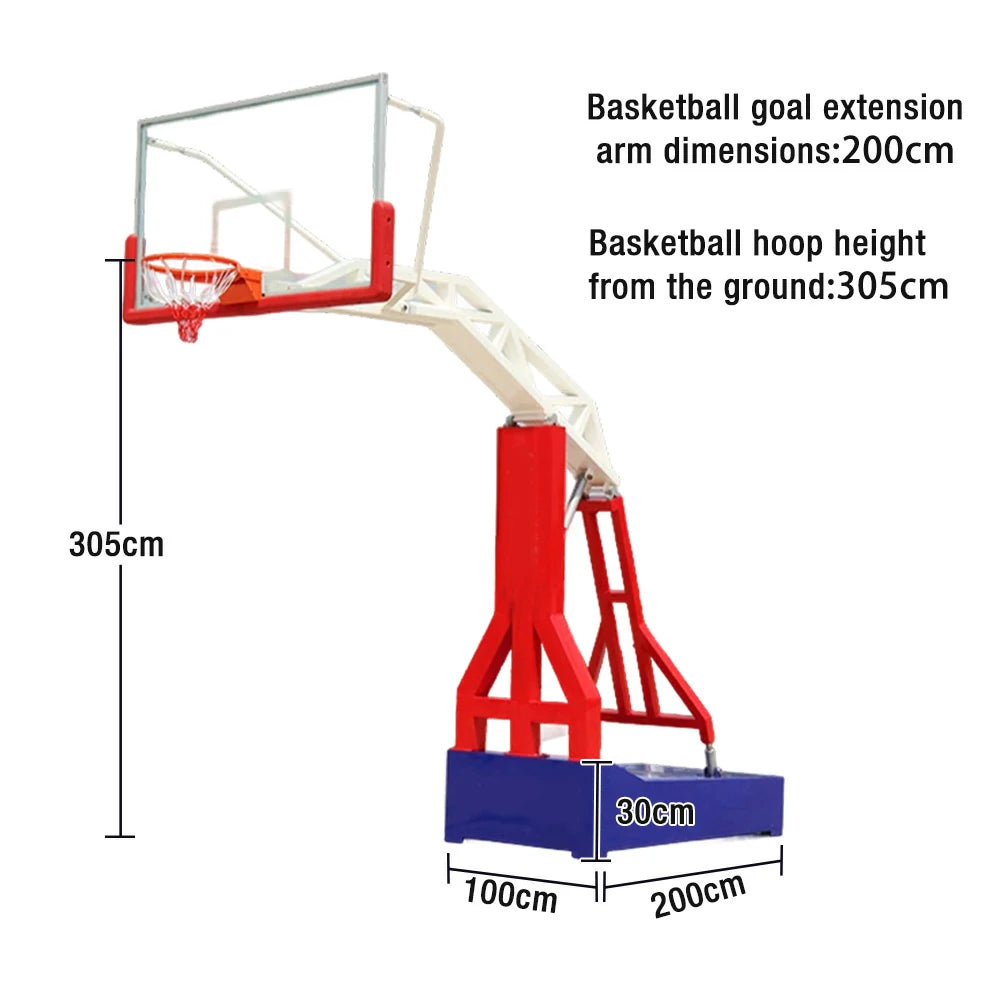 DUNK MASTER Outdoor Basketball Hoops Dual-Spring Rim, Thickened Tempered Glass Backboard, 3.05m Rim Height, Heavy-Duty Steel Frame - Red and Blue