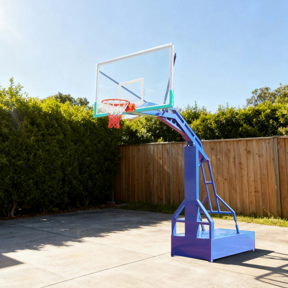 DUNK MASTER Outdoor Basketball Hoops Dual-Spring Rim, Thickened Tempered Glass Backboard, 3.05m Rim Height, Heavy-Duty Steel Frame - Blue