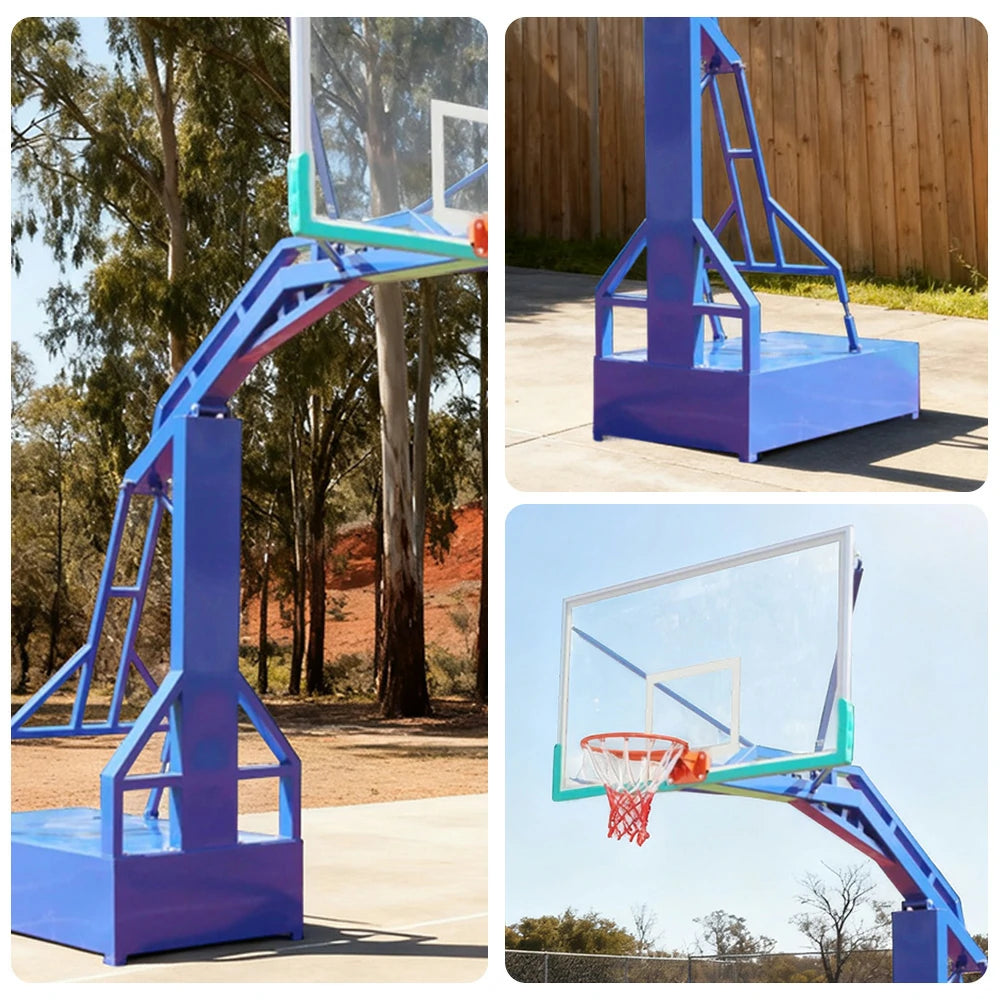 DUNK MASTER Outdoor Basketball Hoops Dual-Spring Rim, Thickened Tempered Glass Backboard, 3.05m Rim Height, Heavy-Duty Steel Frame - Blue